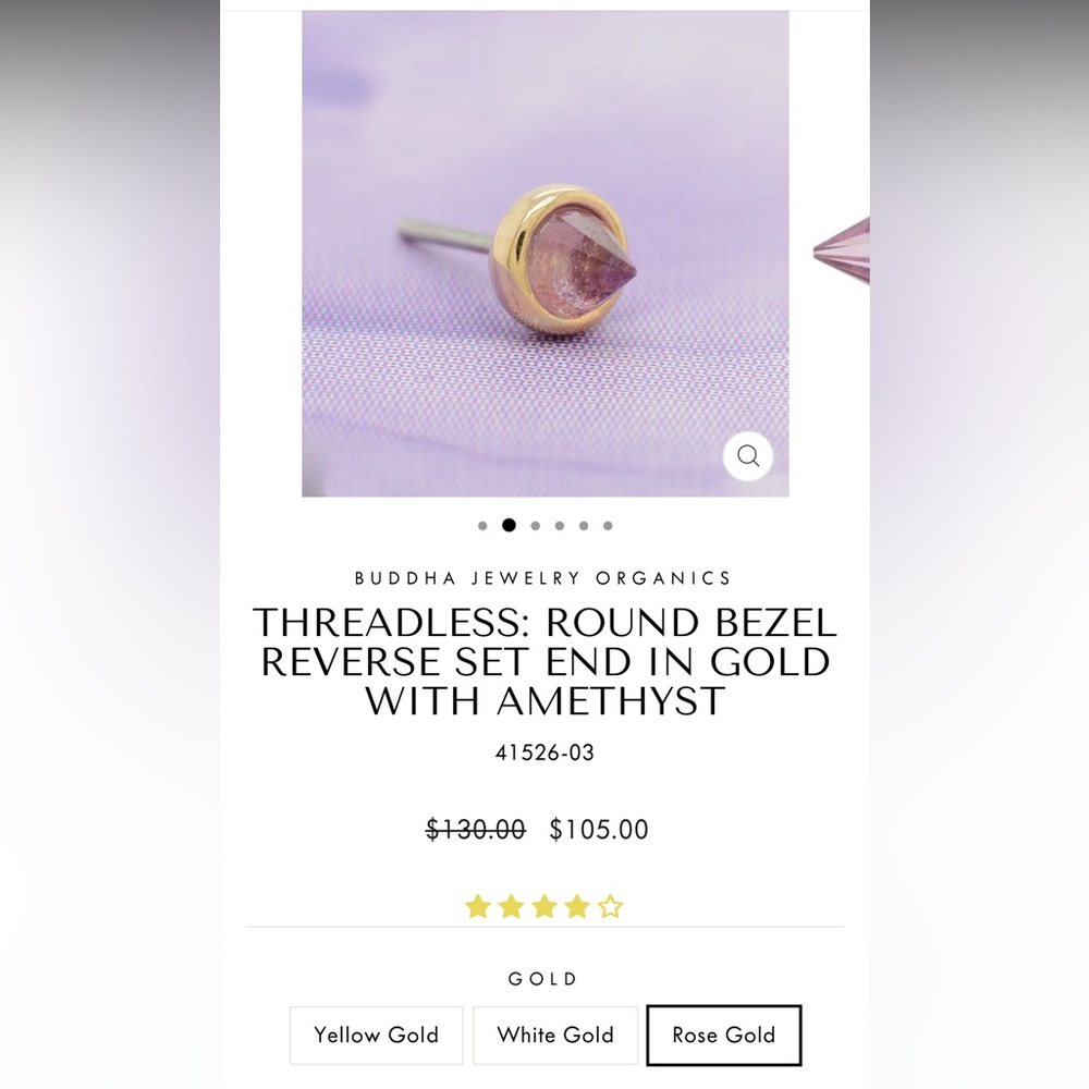 BUDDHA ORGANICS
THREADLESS: ROUND BEZEL REVERSE SET END IN ROSE GOLD AMETHYST